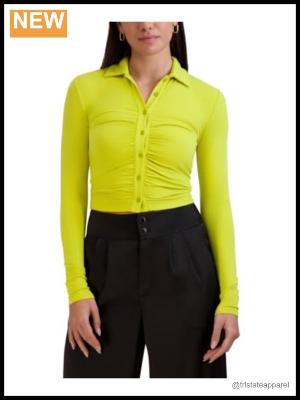 Long Sleeve Collar Neck Button Down Knit Top 93% Rayon 7% Spandex